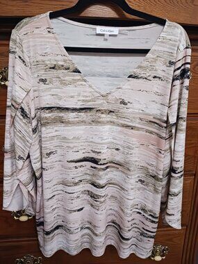 Calvin Kline V-Neck Peach/Cream/Black/Taupe Top 3/4 Sleeves 1X